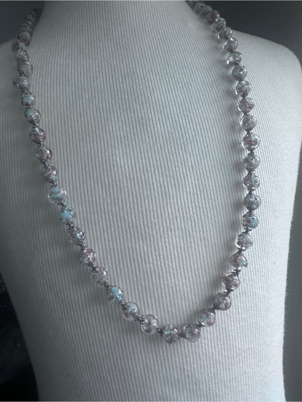 Vintage Murano Venetian Long Aqua & Gold foil glass Wedding Cake necklace